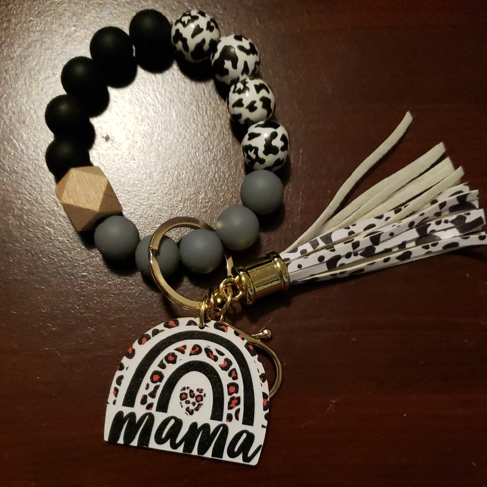 Black and White Beaded Keychain Bracelet with Tassel